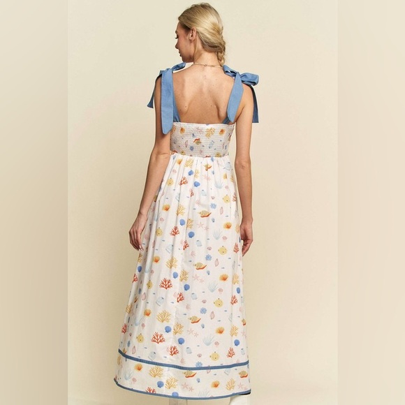 Floral White and Blue Maxi Denim Binding Detail Smocking Summer Maxi Dress - Picture 10 of 10